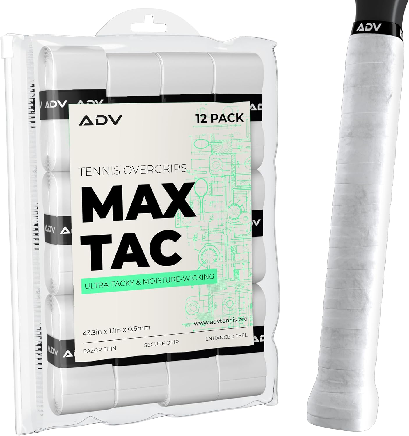 ADV MaxTac Tennis Overgrip, Tacky Moisture-Wicking Grip (White, 12-Pack)