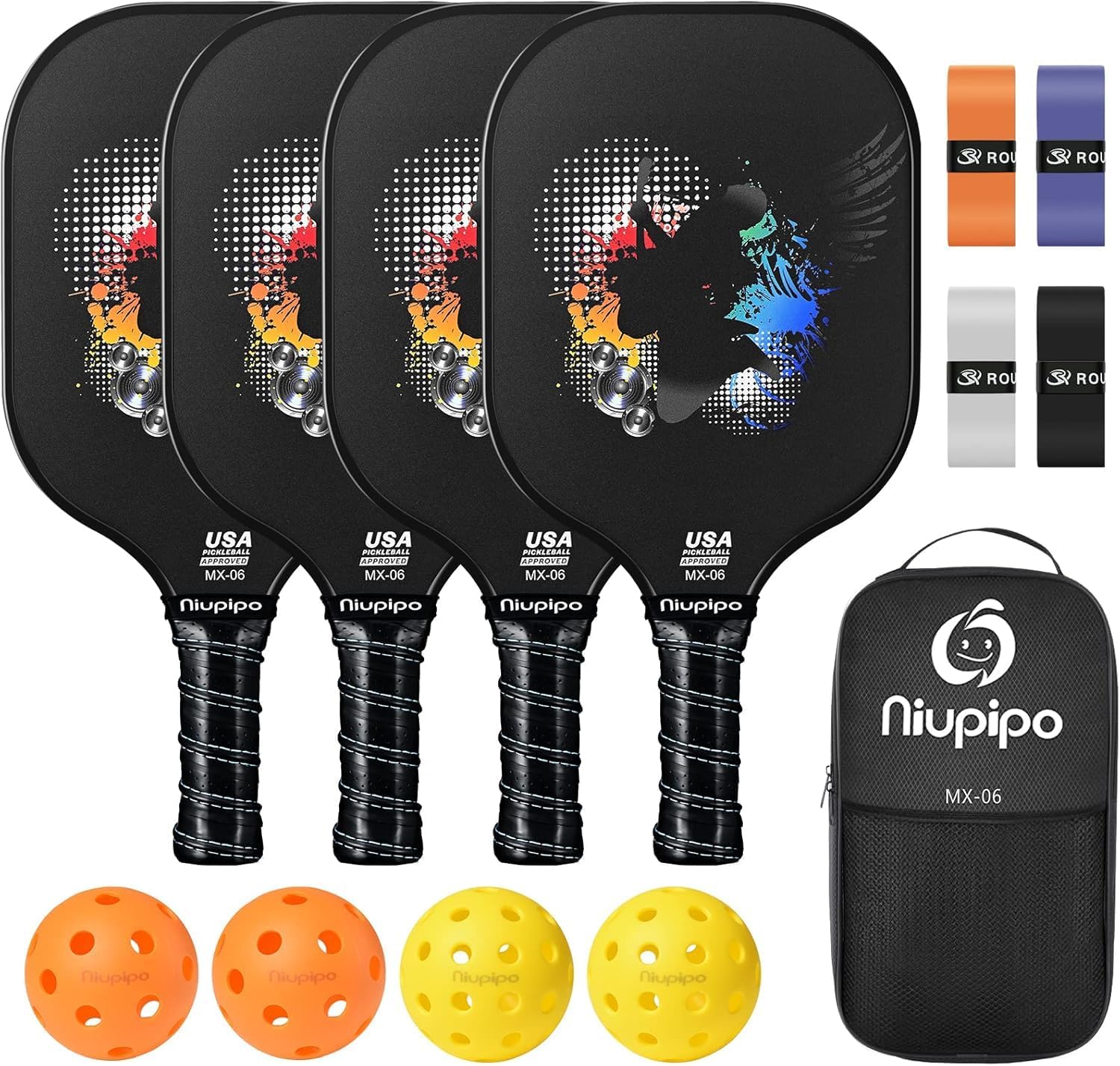 niupipo Pickleball Paddles Set of 2/4/1, USAPA Approved Carbon Fiber & Fiberglass Hybrid, Easy Power, Polypropylene Honeycomb Core, Cushioned 4.72" Grip, Bag/Cover, Pickleball Paddle Set for Men Women