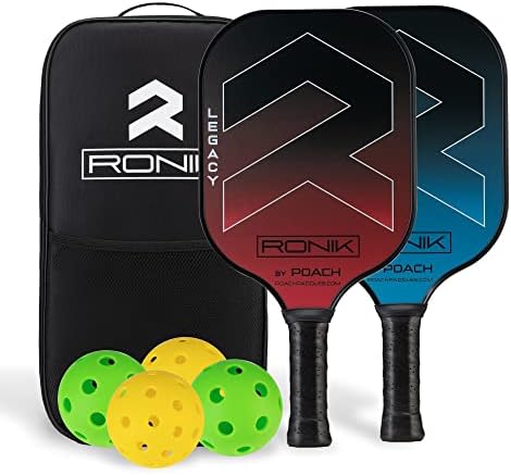 RONIK Premium Carbon Graphite Pickleball Paddles Set by POACH PICKLEBALL, 14mm Poly-Core Pickleball Paddles Set of 2 with 4 Balls and Bag, Midweight Best Pickle Ball Rackets for All Levels (Red, Blue)