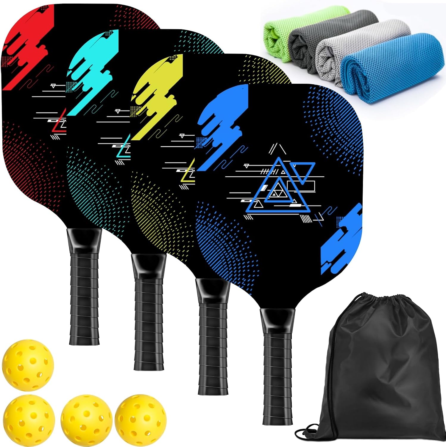 Pickleball Paddles Set of 4 wood paddle set with grips, towels, balls and carry bag