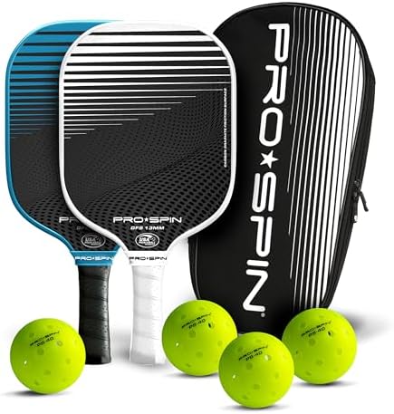PRO-SPIN Carbon Fiber Pickleball Paddles Set of 2 | Lightweight Pickleball Set with Indoor/Outdoor Balls and Bag, Durable Pickle Ball Paddle Gift for Men, Women & Families